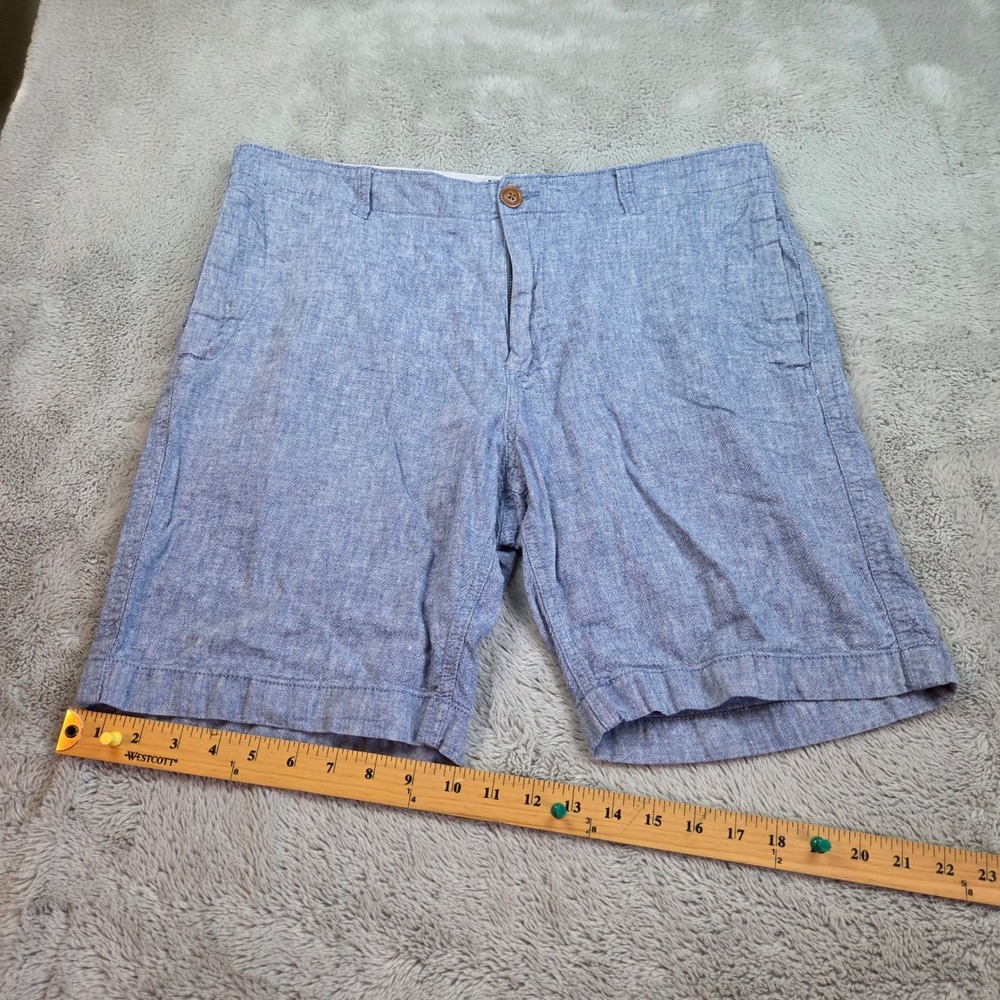 J.Crew Linen Cotton Shorts Mens 35 Flat Front Chino Casual Summer Blue Chambray